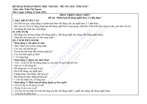Giáo án Mầm non Lớp Lá - Nhánh: Bé yêu bác thợ xây - Năm học 2024-2025 - Trần Thị Ngoan
