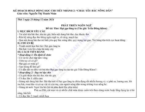 Giáo án Mầm non Lớp Lá - Nhánh: Cháu yêu bác nông dân - Năm học 2024-2025 - Nguyễn Thị Thanh Nhàn