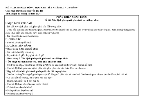 Giáo án Mầm non Lớp Lá - Nhánh: Cơ thể bé - Năm học 2024-2025 - Nguyễn Thị Hà