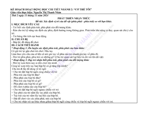 Giáo án Mầm non Lớp Lá - Nhánh: Cơ thể tôi - Năm học 2024-2025 - Nguyễn Thị Thanh Nhàn