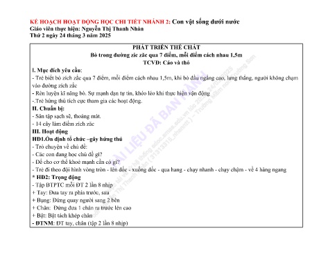 Giáo án Mầm non Lớp Lá - Nhánh: Con vật sống dưới nước - Năm học 2024-2025 - Nguyễn Thị Thanh Nhàn
