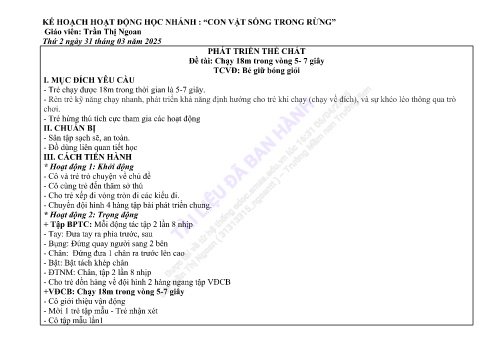 Giáo án Mầm non Lớp Lá - Nhánh: Con vật sống trong rừng - Năm học 2024-2025 - Trần Thị Ngoan