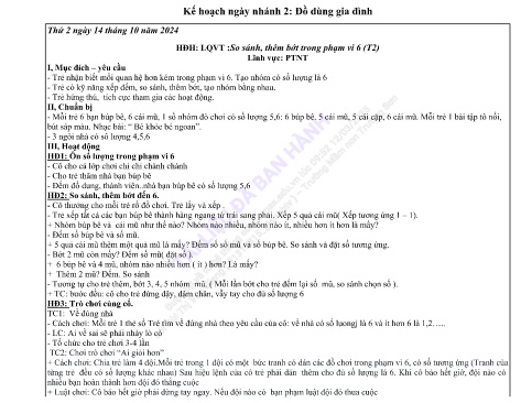 Giáo án Mầm non Lớp Lá - Nhánh: Đồ dùng gia đình - Làm quen với Toán - Phát triển nhận thức - Năm học 2024-2025
