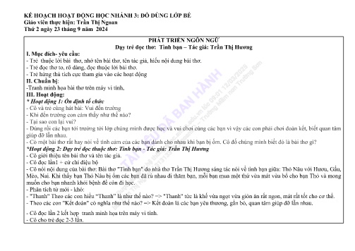 Giáo án Mầm non Lớp Lá - Nhánh: Đồ dùng lớp bé - Năm học 2024-2025 - Trần Thị Ngoan