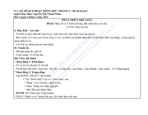 Giáo án Mầm non Lớp Lá - Nhánh: Dự án lọ hoa - Năm học 2024-2025 - Nguyễn Thị Thanh Nhàn