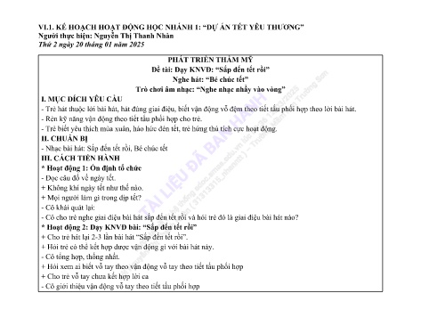 Giáo án Mầm non Lớp Lá - Nhánh: Dự án tết yêu thương - Năm học 2024-2025 - Nguyễn Thị Thanh Nhàn