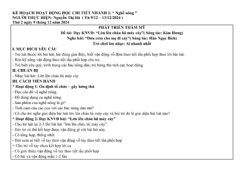 Giáo án Mầm non Lớp Lá - Nhánh: Nghề nông - Năm học 2024-2025 - Nguyễn Thị Hà