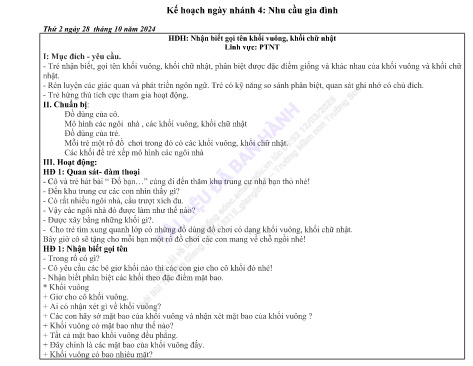 Giáo án Mầm non Lớp Lá - Nhánh: Nhu cầu gia đình - Nhận biết gọi tên khối vuông, khối chữ nhật - Phát triển nhận thức - Năm học 2024-2025