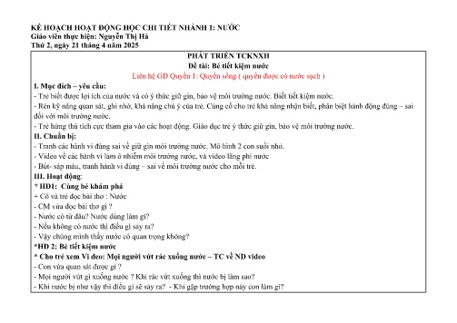 Giáo án Mầm non Lớp Lá - Nhánh: Nước - Năm học 2024-2025 - Nguyễn Thị Hà