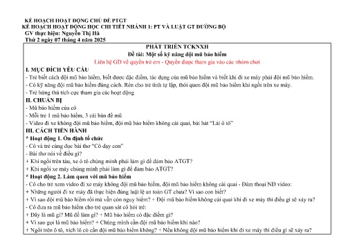 Giáo án Mầm non Lớp Lá - Nhánh: Phát triển và luật giao thông đường bộ - Năm học 2024-2025 - Nguyễn Thị Hà