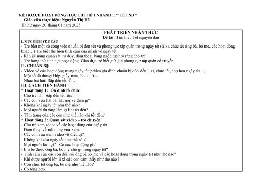 Giáo án Mầm non Lớp Lá - Nhánh: Tết nguyên đán - Năm học 2024-2025 - Nguyễn Thị Hà