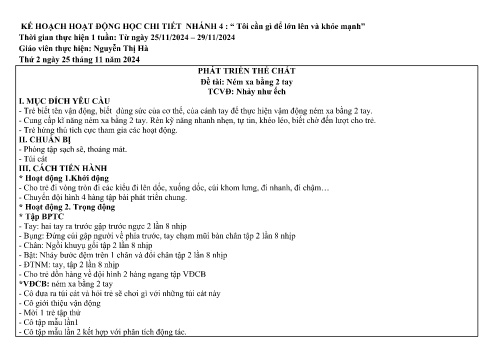 Giáo án Mầm non Lớp Lá - Nhánh: Tôi cần gì để lớn lên và khỏe mạnh - Năm học 2024-2025 - Nguyễn Thị Hà
