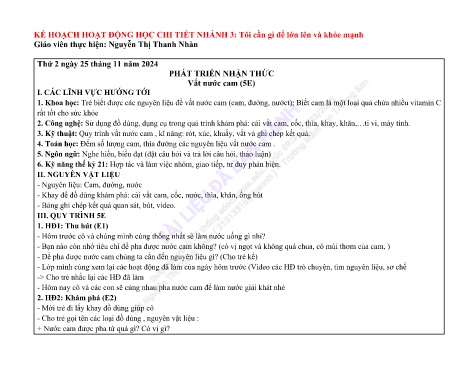 Giáo án Mầm non Lớp Lá - Nhánh: Tôi cần gì để lớn lên và khỏe mạnh - Năm học 2024-2025 - Nguyễn Thị Thanh Nhàn