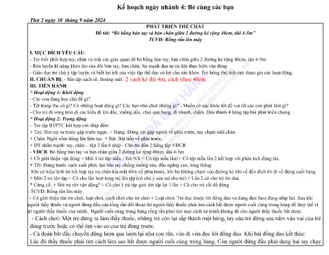 Giáo án Mầm non Lớp Lá - Phát triển thể chất - Đề tài: “Bò bằng bàn tay và bàn chân giữa 2 đường kẻ rộng 40cm, dài 4-5m” - Năm học 2024-2025