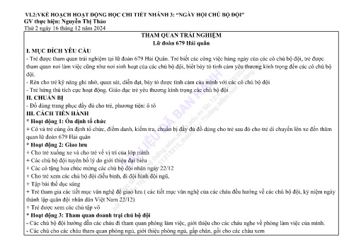 Giáo án Mầm non Lớp Lá - Tham quan trải nghiệm Lữ đoàn 679 Hải quân - Năm học 2024-2025 - Nguyễn Thị Thảo