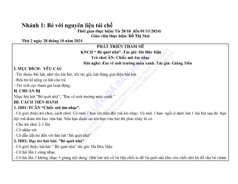 Giáo án Mầm non Lớp Mầm - Nhánh 1: Bé với nguyên liệu tái chế - Năm học 2024-2025 - Đỗ Thị Mai