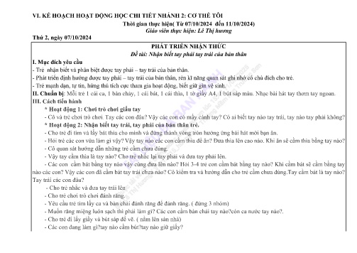 Giáo án Mầm non Lớp Mầm - Nhánh 1: Cơ thể tôi - Năm học 2024-2025 - Lê Thị Hương