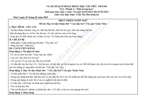 Giáo án Mầm non Lớp Mầm - Nhánh 1: Một số loại hoa - Năm học 2024-2025 - Trần Thị Mai Khuyên