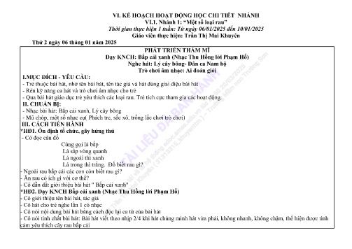 Giáo án Mầm non Lớp Mầm - Nhánh 1: Một số loại rau - Năm học 2024-2025 - Trần Thị Mai Khuyên