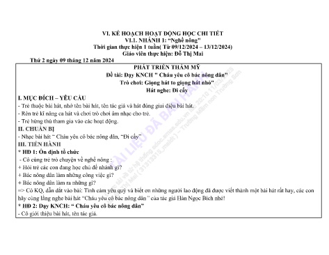 Giáo án Mầm non Lớp Mầm - Nhánh 1: Nghề nông - Năm học 2024-2025 - Đỗ Thị Mai