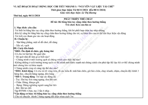 Giáo án Mầm non Lớp Mầm - Nhánh 1: Nguyệt vật liệu tái chế - Năm học 2024-2025 - Lê Thị Hương