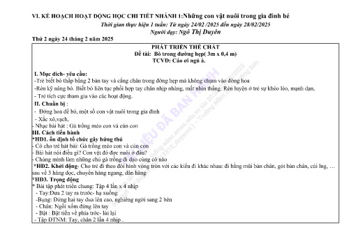Giáo án Mầm non Lớp Mầm - Nhánh 1: Những con vật nuôi trong gia đình bé - Năm học 2024-2025 - Ngô Thị Duyên