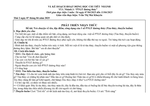 Giáo án Mầm non Lớp Mầm - Nhánh 1: Phát triển giao thông đường thủy - Năm học 2024-2025 - Trần Thị Mai Khuyên