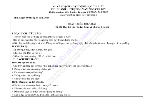 Giáo án Mầm non Lớp Mầm - Nhánh 1: Trường mầm non của bé - Năm học 2024-2025 - Lê Thị Hương