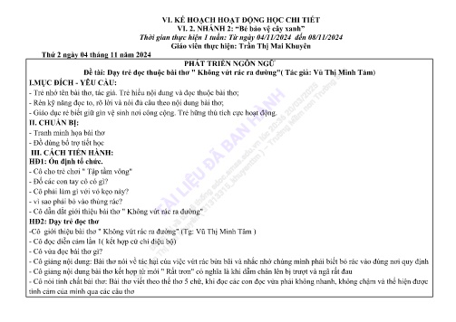 Giáo án Mầm non Lớp Mầm - Nhánh 2: Bé bảo vệ cây xanh - Năm học 2024-2025 - Trần Thị Mai Khuyên