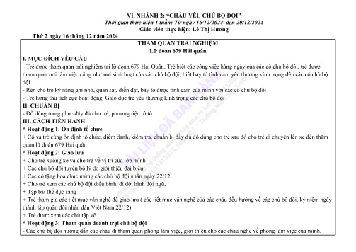 Giáo án Mầm non Lớp Mầm - Nhánh 2: Cháu yêu chú bộ đội - Năm học 2024-2025 - Lê Thị Hương
