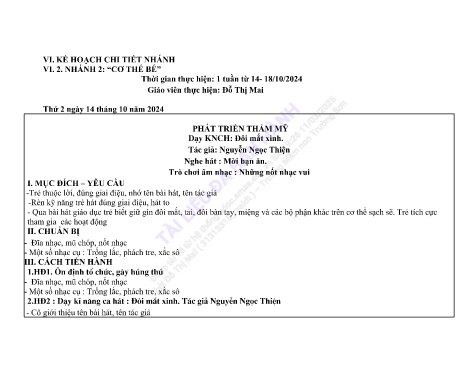 Giáo án Mầm non Lớp Mầm - Nhánh 2: Cơ thể bé - Năm học 2024-2025 - Đỗ Thị Mai