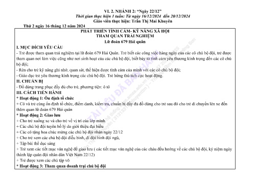 Giáo án Mầm non Lớp Mầm - Nhánh 2: Ngày 22/12 - Năm học 2024-2025 - Trần Thị Mai Khuyên