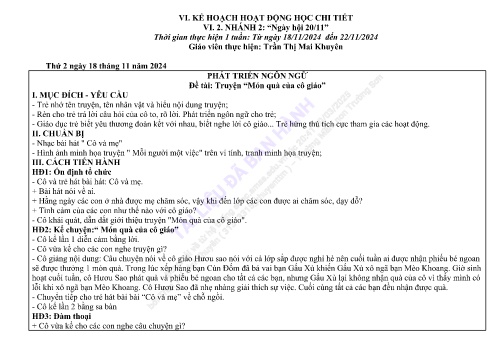 Giáo án Mầm non Lớp Mầm - Nhánh 2: Ngày hội 20/11 - Năm học 2024-2025 - Trần Thị Mai Khuyên