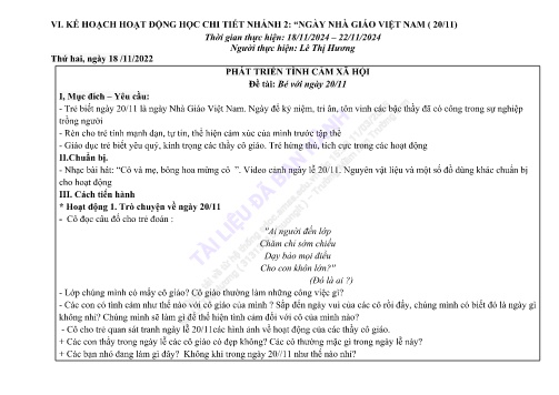 Giáo án Mầm non Lớp Mầm - Nhánh 2: Ngày nhà giáo Việt Nam (20/11) - Năm học 2024-2025 - Lê Thị Hương