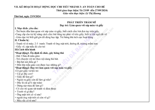 Giáo án Mầm non Lớp Mầm - Nhánh 3: An toàn cho bé - Năm học 2024-2025 - Lê Thị Hương