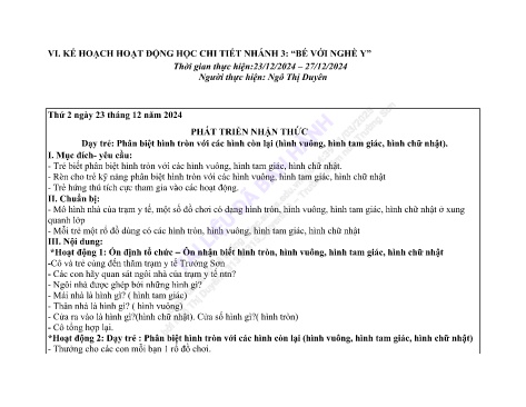 Giáo án Mầm non Lớp Mầm - Nhánh 3: Bé với nghề y - Năm học 2024-2025 - Ngô Thị Duyên