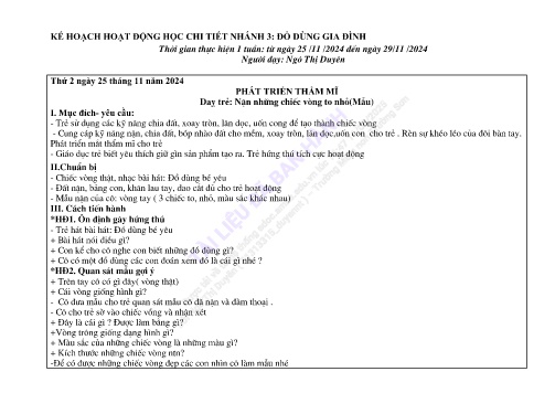 Giáo án Mầm non Lớp Mầm - Nhánh 3: Đồ dùng gia đình - Năm học 2024-2025 - Ngô Thị Duyên