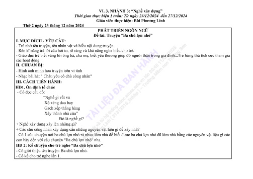 Giáo án Mầm non Lớp Mầm - Nhánh 3: Nghề xây dựng - Năm học 2024-2025 - Bùi Phương Linh