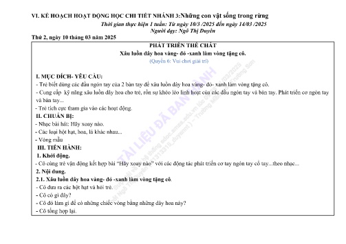 Giáo án Mầm non Lớp Mầm - Nhánh 3: Những con vật sống trong rừng - Năm học 2024-2025 - Ngô Thị Duyên