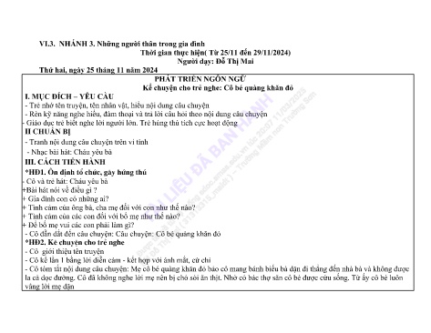 Giáo án Mầm non Lớp Mầm - Nhánh 3: Những người thân trong gia đình - Năm học 2024-2025 - Đỗ Thị Mai