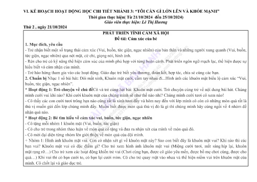 Giáo án Mầm non Lớp Mầm - Nhánh 3: Tôi cần gì lớn lên và khỏe mạnh - Năm học 2024-2025 - Lê Thị Hương
