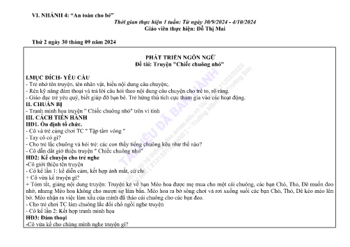 Giáo án Mầm non Lớp Mầm - Nhánh 4: An toàn cho bé - Năm học 2024-2025 - Đỗ Thị Mai