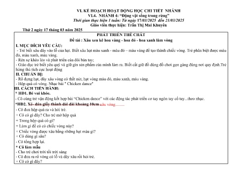 Giáo án Mầm non Lớp Mầm - Nhánh 4: Động vật sống trong rừng - Năm học 2024-2025 - Trần Thị Mai Khuyên