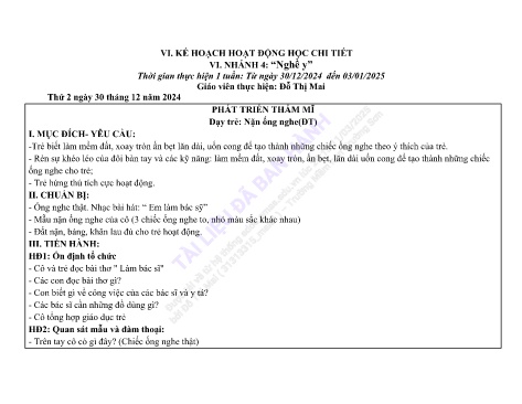 Giáo án Mầm non Lớp Mầm - Nhánh 4: Nghề y - Năm học 2024-2025 - Đỗ Thị Mai