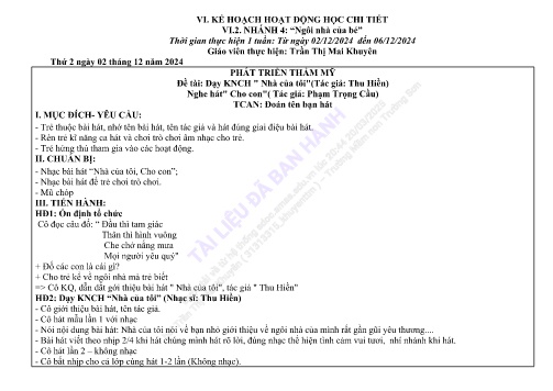 Giáo án Mầm non Lớp Mầm - Nhánh 4: Ngôi nhà của bé - Năm học 2024-2025 - Trần Thị Mai Khuyên