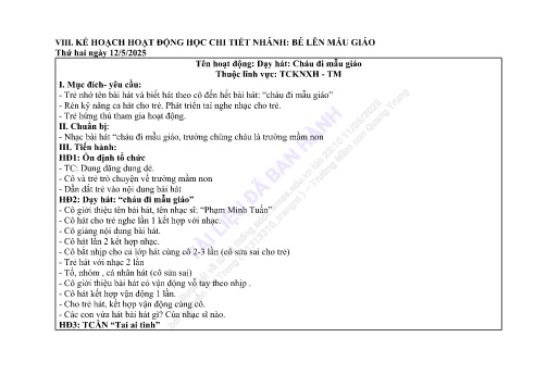 Giáo án Mầm non Lớp Mầm - Nhánh: Bé lên mẫu giáo - Năm học 2024-2025