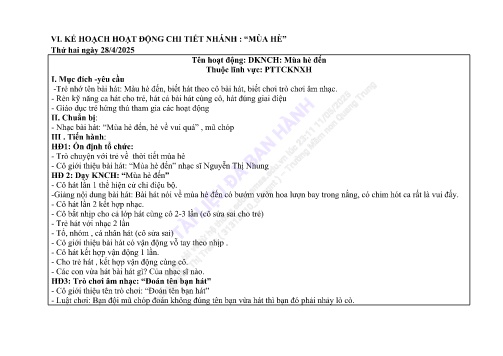 Giáo án Mầm non Lớp Mầm - Nhánh: Mùa hè - Năm học 2024-2025