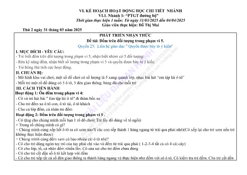 Giáo án Mầm non Lớp Mầm - Tuần 1 - Nhánh 1: Phát triển giao thông đường bộ - Năm học 2024-2025 - Đỗ Thị Mai