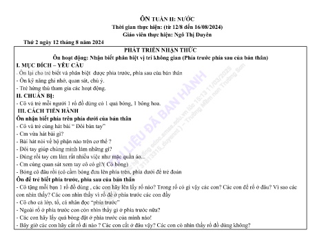 Giáo án Mầm non Lớp Mầm - Tuần 2: Nước - Năm học 2024-2025 - Ngô Thị Duyên