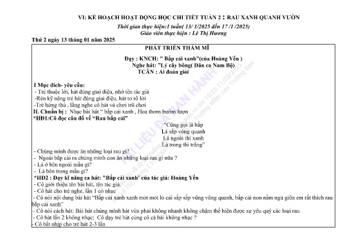 Giáo án Mầm non Lớp Mầm - Tuần 2: Rau xanh quanh vườn - Năm học 2024-2025 - Lê Thị Hương